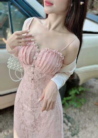 Đầm ren midi xếp li ngực kèm khoác