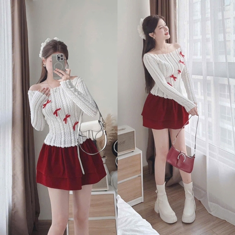 Set áo len lông bẹt vai đính nơ chân váy nhung