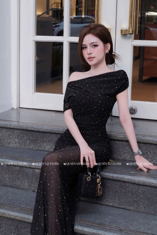 Đầm ôm body trễ vai dáng dài - Đen