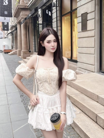 Set áo hoa nhí cúp ngực chân váy viền ren