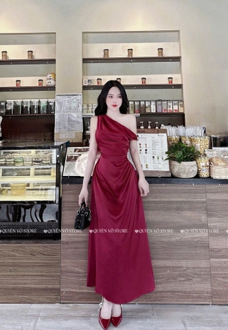 Đầm lụa lệch vai xếp ly eo - Đỏ