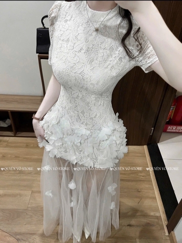 Đầm tay ngắn đuôi cá voan đính hoa - Kem