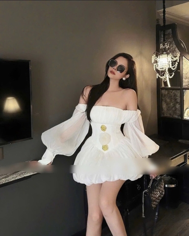 Đầm xòe phồng trễ vai tay dài - Trắng