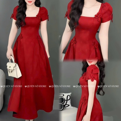 Đầm cổ vuông hoa vai eo - dáng dài