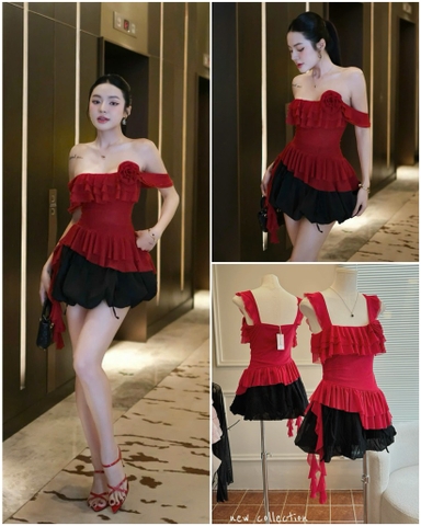 Set áo đỏ 2 dây tua rua chân váy đen