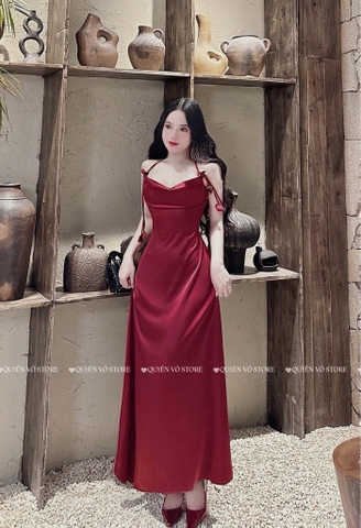 Đầm lụa cổ đỗ dây đính hoa - Đỏ