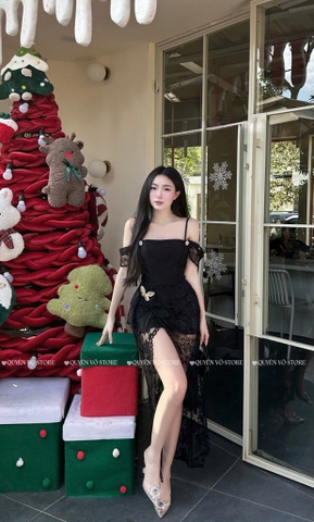 Đầm ren ôm body trễ vai - Đen