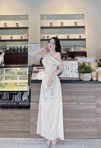 Đầm lụa lệch vai xếp ly eo - Kem