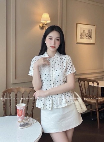 Áo sơ mi babydoll chấm bi trắng - cổ nhọn 1462