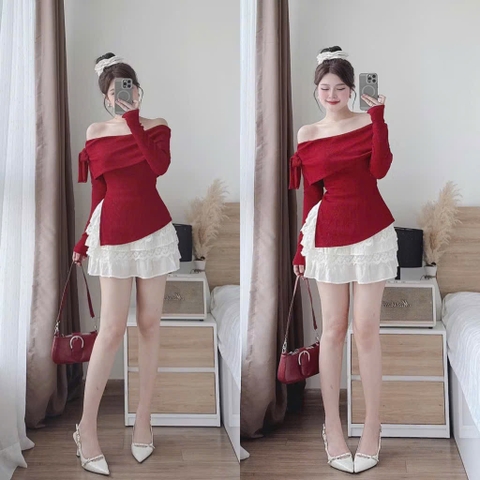 Set áo đỏ gân lệch vai chân váy kem