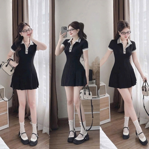 Đầm đen cổ polo viền