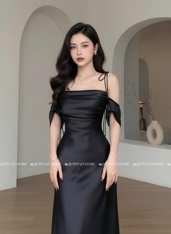 Đầm lụa trễ vai cột dây - ĐEN