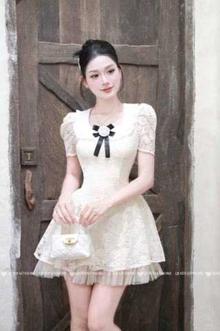 Đầm ren cổ vuông tag hoa - Trắng kem