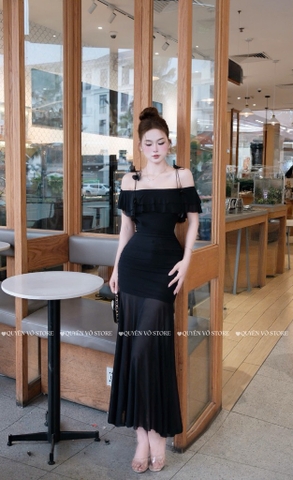 Đầm ôm body trễ vai 2 dây - Đen