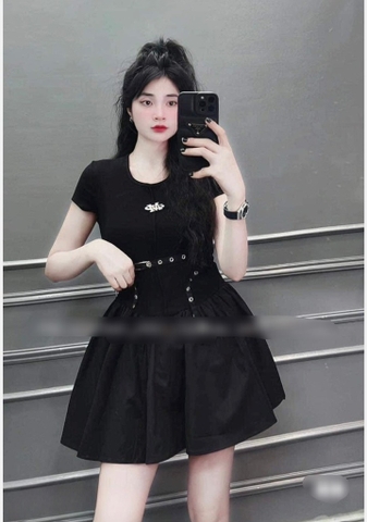 Đầm thun xòe nâu tây hở lưng Set áo thun cổ V chân váy dài - hottrend