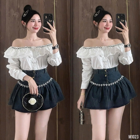 Set áo trắng trễ vai đính hạt chân váy jean xòe