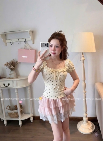 Áo thun cổ u bèo chấm bi