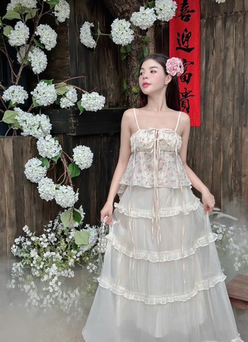 Set áo xô thêu áo 2 dây cột Babydoll chân váy maxi