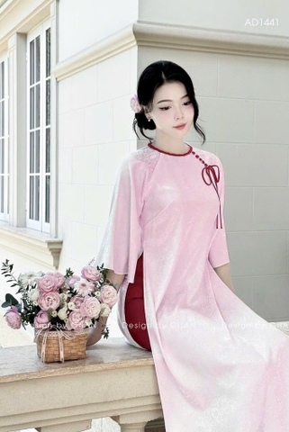 Set áo dài gấm hồng x quần đỏ ống rộng