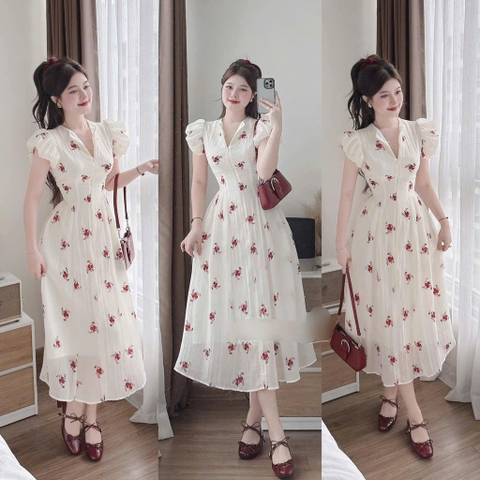 Đầm tơ nhăn in hoa đỏ
