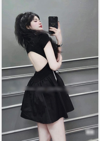 Đầm thun xòe nâu tây hở lưng Set áo thun cổ V chân váy dài - hottrend