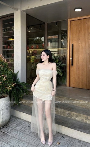 Đầm ren voan trễ vai dáng dài - Kem