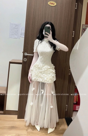 Đầm tay ngắn đuôi cá voan đính hoa - Kem