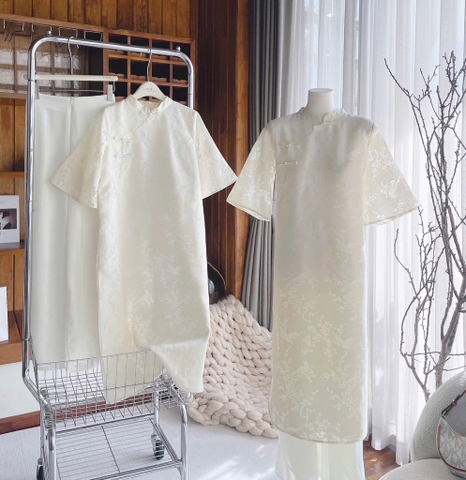 Set áo dài ren hoa trắng tay lỡ