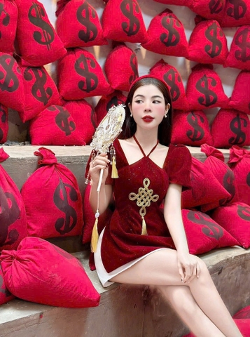 Set yếm nhung đỏ kim sa