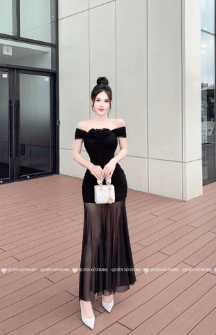 Đầm body trễ vai tà lưới - Đen