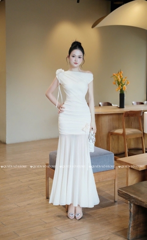 Đầm ôm body trễ vai - Kem