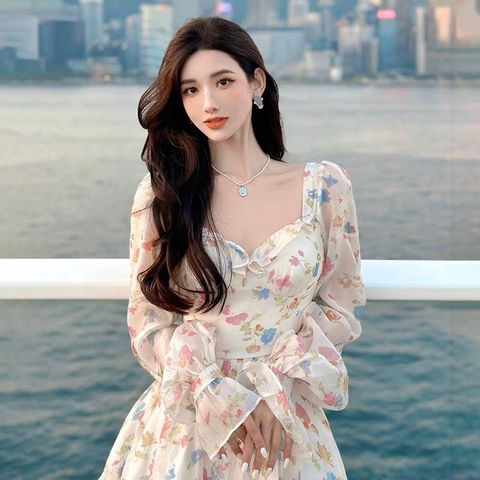 Đầm voan hoa trắng tay dài 2 tầng