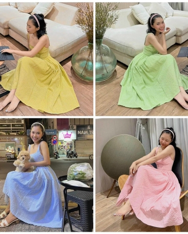 Đầm maxi caro 2 dây bản