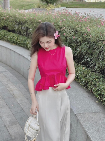Set áo hồng peplum x chân váy midi  - Freesize