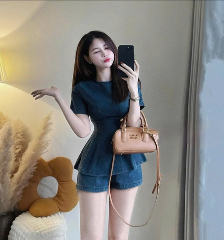 Set jean áo peplum quần short
