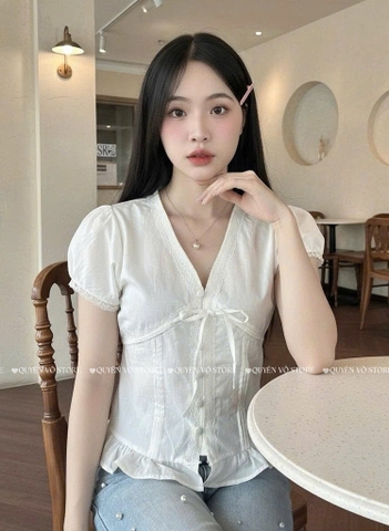Áo sơ mi babydoll nút bọc viền ren trơn - Trắng 1445