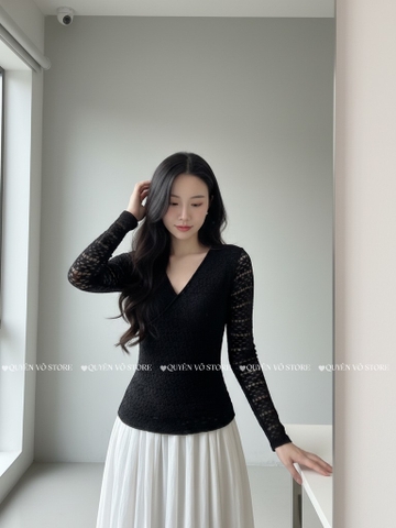 Áo ren ôm body đắp chéo - Đen 1506