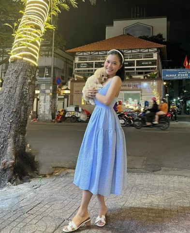 Đầm maxi caro 2 dây bản