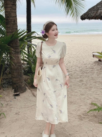 Đầm midi nude nền hoa cổ tròn - Freesize dưới 55kg