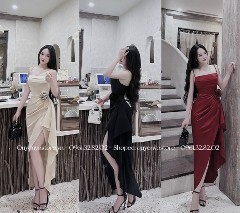 Đầm lụa 2 dây xẻ tà hoa eo