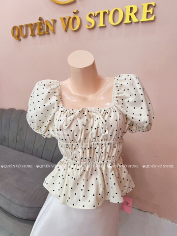 Áo nhún cổ vuông - chấm bi