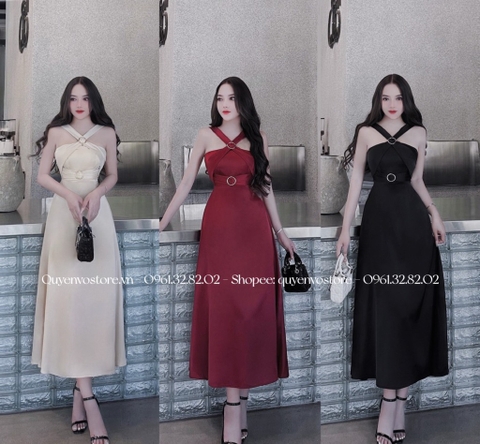 Đầm lụa dây chéo luồn tag