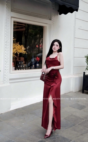 Đầm 2 dây hoa eo xẻ đùi - Đỏ