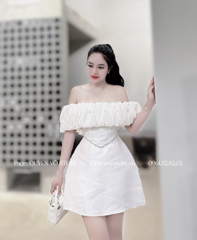 Đầm trễ vai phối bèo đá eo