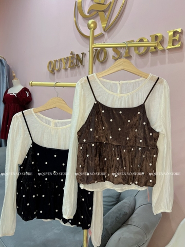 Set áo sơ mi lụa kèm áo 2 dây nhung