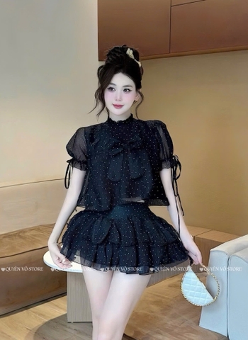 Set chấm bi nơ tiểu thư - Đen