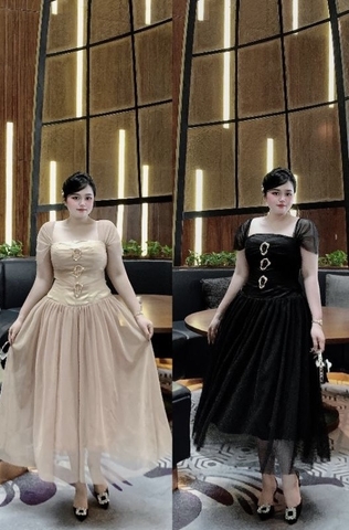 BIGSIZE 55-65kg - Đầm lưới 3 khuy thiết kế xòe