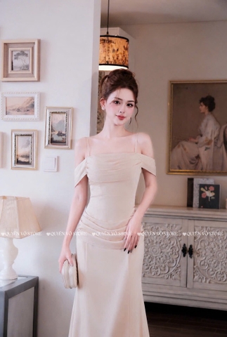 Đầm lụa 2 dây trễ vai - Kem
