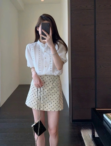 Chân váy chấm bi dáng A - Kem