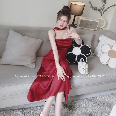 Đầm lụa 2 dây đáp cổ li ngực